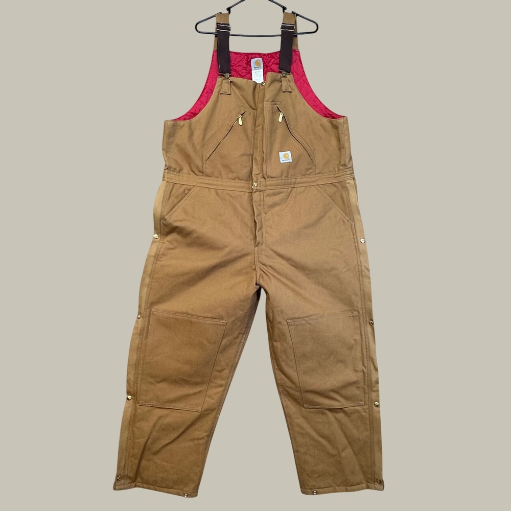 Carhartt Bib Overalls Mens 46x30 Brown Quilt Lined R38 BRN Double Knee
